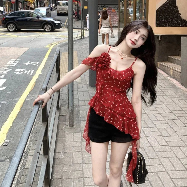 Pydshop Vintage Irregular Floral Camisole Tops 2024 Summer New Slim Fit Ruffles Tank Top Fashion Sexy Off Shoulder Vest for Women