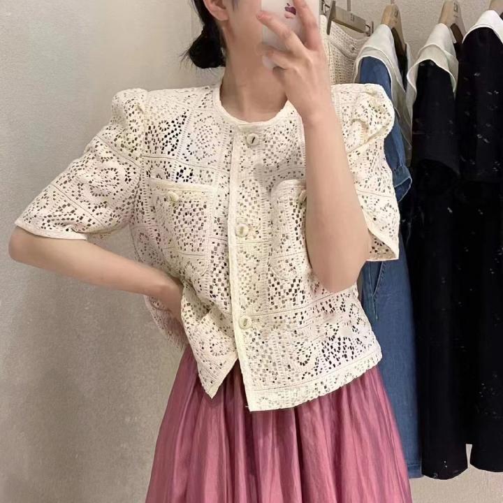 Pydshop Shirt Women Lace Solid Minimalist Hollow Out Popular Leisure Female Tender Korean Style Summer New Top