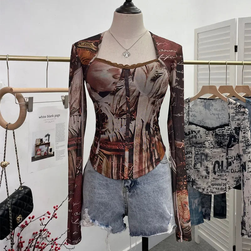 Pydshop Ladies Retro Elegant Square Neck Lace Spliced Tie Dye Mesh Long Sleeves Blouse Tight Hot Girl Short Top With Padded Breasts 1386