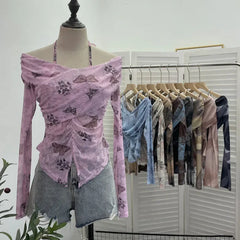 Pydshop Wome Sexy See Through One Shoulder Lace Up Halterneck Long Sleeve Top Slim Fit Cross Pleat Slit Short Top Y2k Club Streetwear