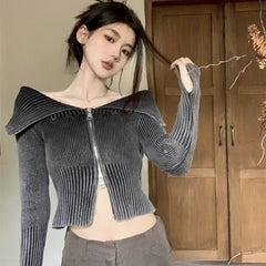 Pydshop Gradient Sexy Off Shoulder Sweaters Women Autumn Slim Fit Double Zipper Knitted Cardigan Y2k E-Girl Long Sleeve Tops Mujer