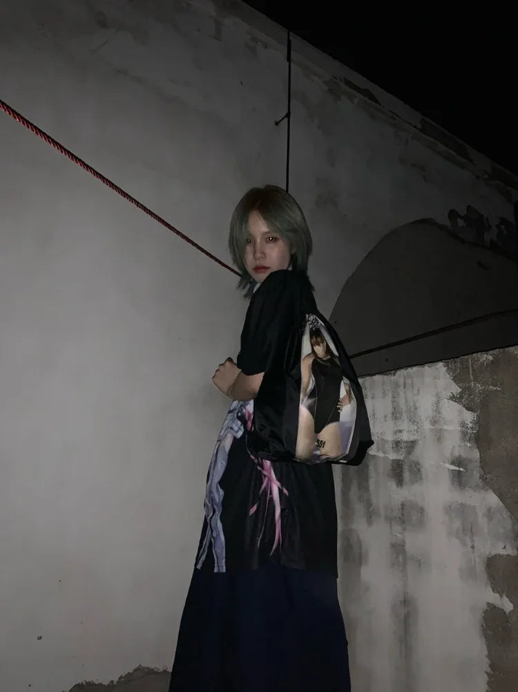 Pydshop Harajuku Anime Cartoon Print O-neck T-shirts 2024 Sumemr New Loose Unisex Tee Shirt Y2k Grunge Short Sleeve Tops Women