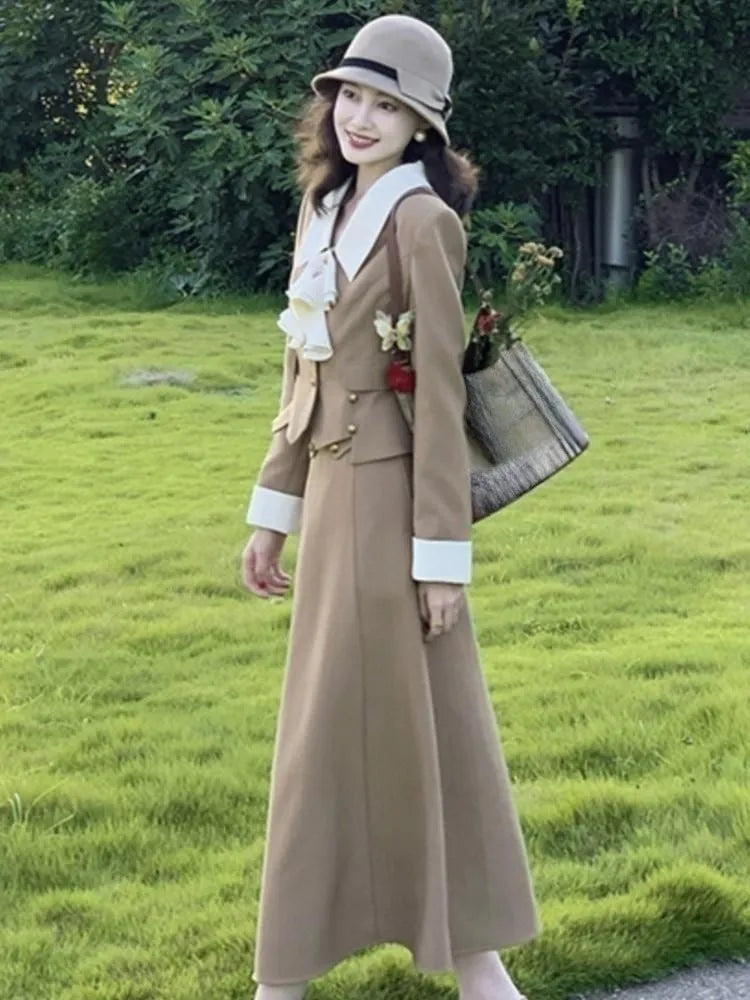 Pydshop French Women Autumn 2 Pieces Set Elegant Long Sleeve Blazer Bow Top Casual A-line Midi Skirt 2023 Spring Solid Lady Clothes
