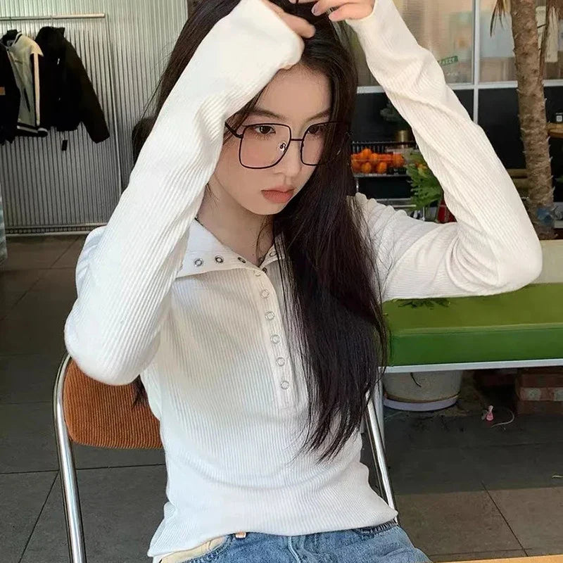 Pydshop Button Up Women's Knitted Sweater Y2K Long Sleeve Slim Fit Pullovers for Women Autumn Winter All Match Bottoming Tops