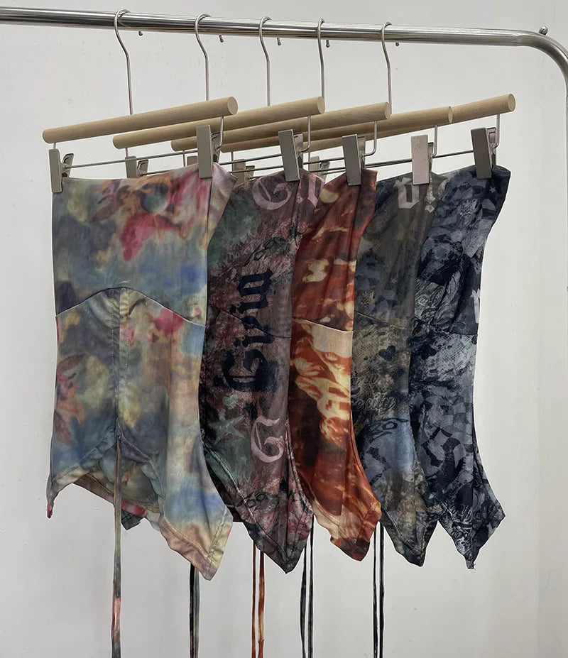 Pydshop Women's Resort Swing Collar Drawstring Strap Halter Vest Tie-Dye Mesh Top Sexy Backless Irregular Vest Party Leisure Essential