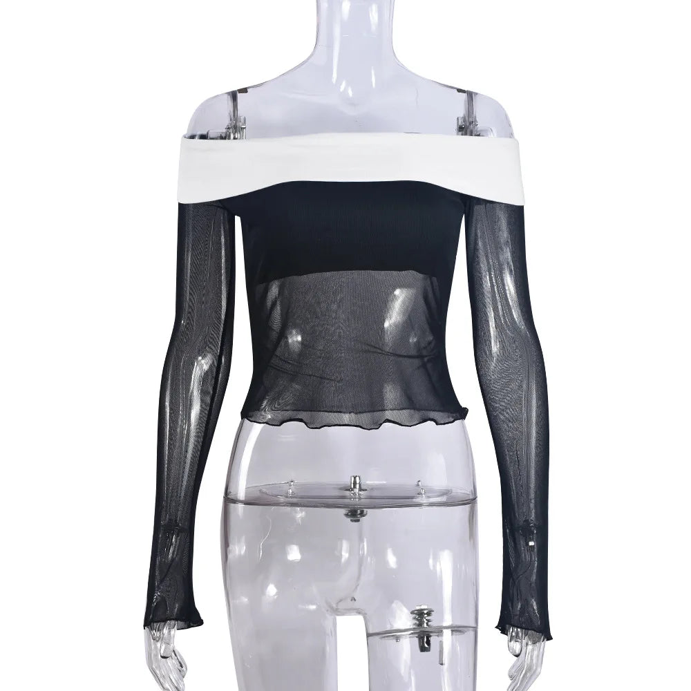 Pydshop Lace Splice Low Neck Off The Shoulders Sheer Top