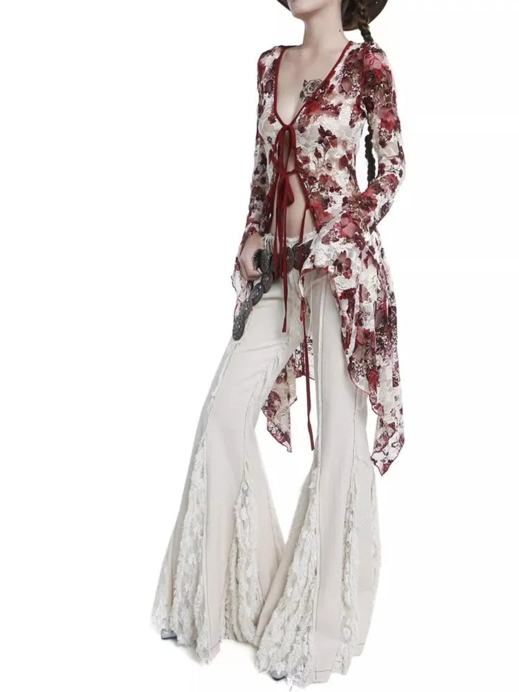 Pydshop Vintage Gothic Flower Tie Dye Lace Shirts Women Y2k Sexy V-neck Slim Fit  Up Blouses 2024  New Long Sleeve Cardigan Tops