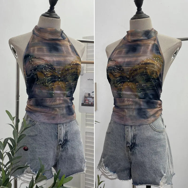 Pydshop Women Sexy Backless Halter Vest Hot Girl's Tight Strap Butterfly Hot Diamond Printed Crop Top Vest Party Leisure Essential Tops