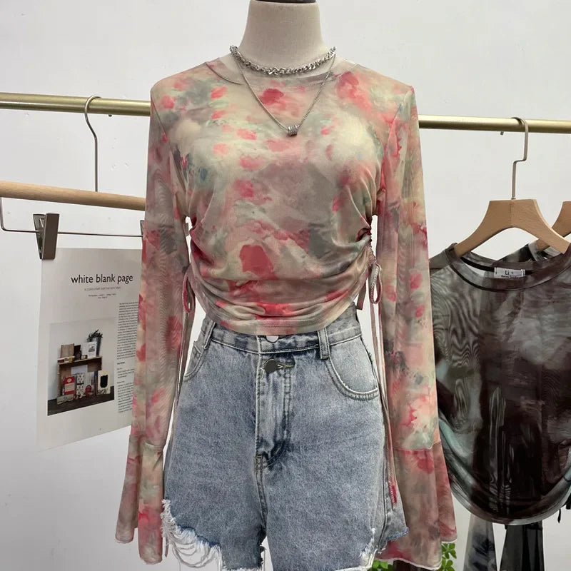 Pydshop Women's Sexy See Through Tie Dye Print Mesh Long Sleeve T-shirt Drawstring Lace Up Short Bell Sleeve Top Casual Streetwear 8929