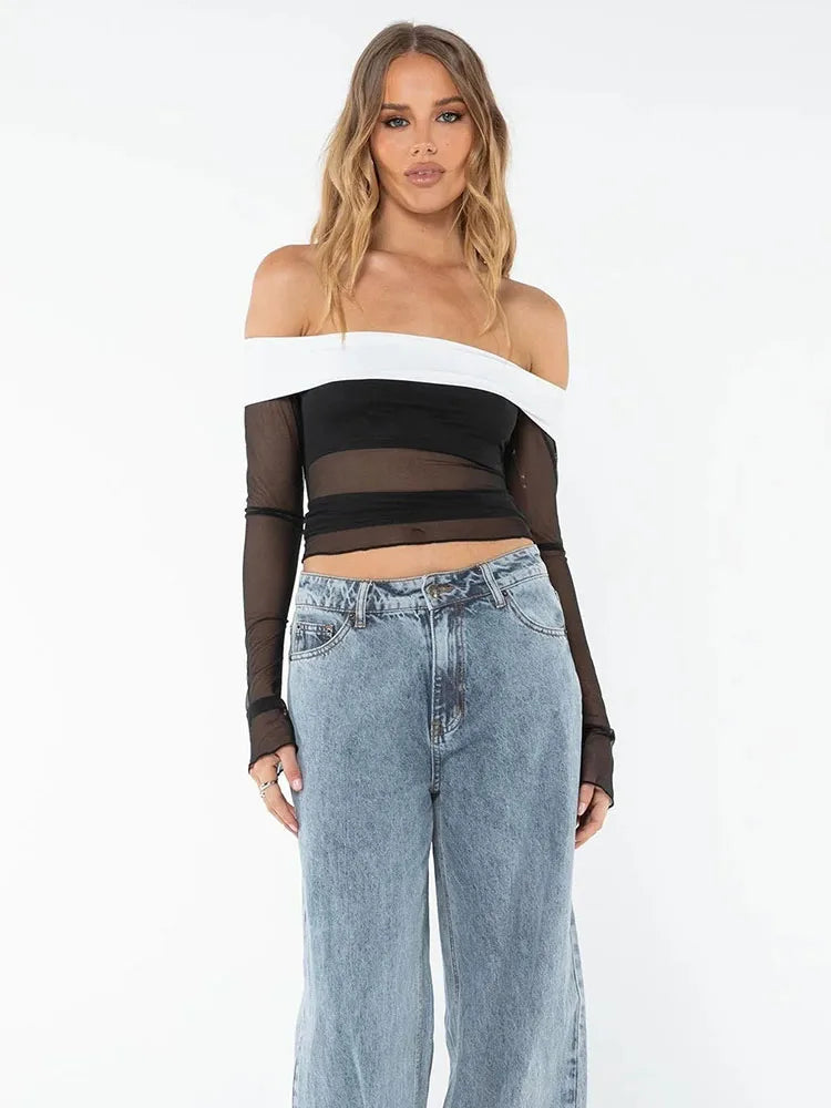 Pydshop Lace Splice Low Neck Off The Shoulders Sheer Top
