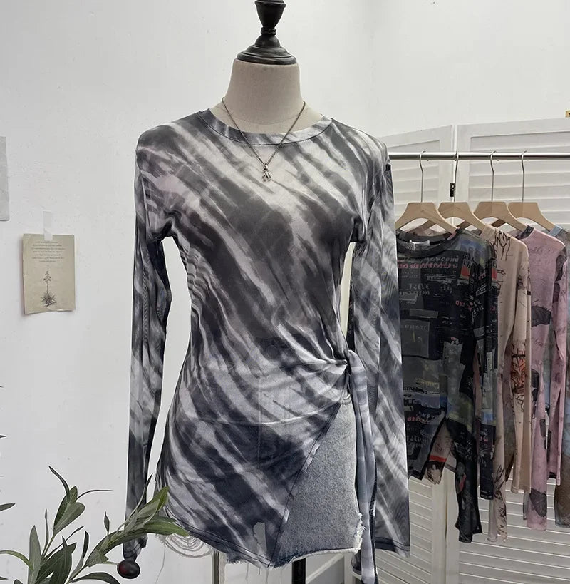 Pydshop Women's Retro Tie Dye Printed Mesh Bottoming Long Sleeve Top Sexy See-through Irregular Strappy Short T-Shirt Party Streetwear