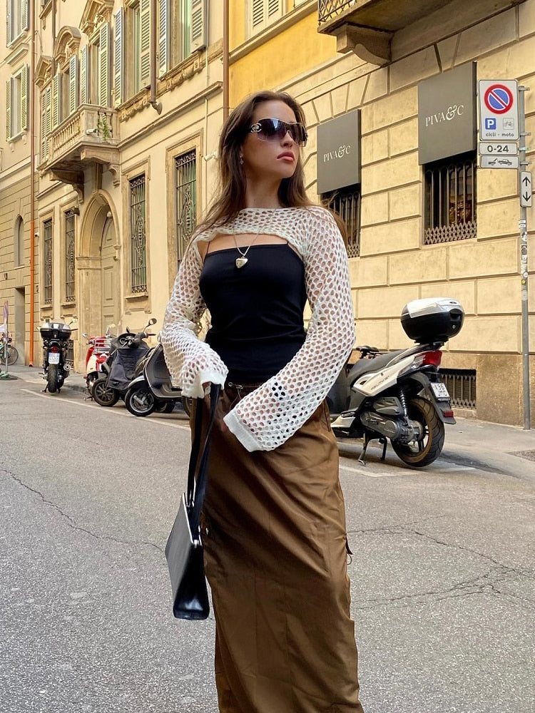 Pydshop High Street Spice Fashion Hollow out Broken Knitted Hotel Party Casual Lace up Top Garment Long Sleeve Shawl Accessories0821