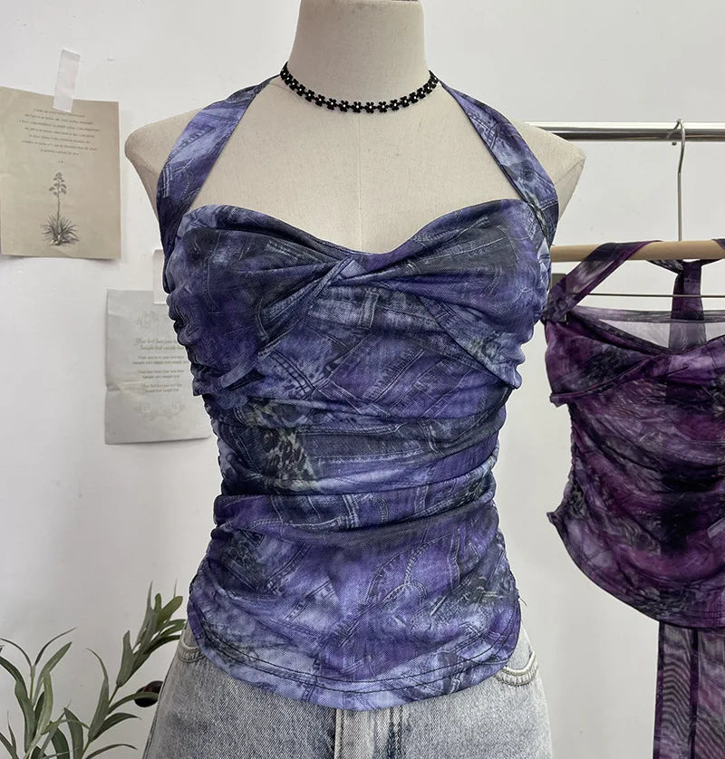 Pydshop Tie Dye Denim Print Pleated Mesh Camisole Women's Halter Tie Bow Halter Crop Top Cute Party Sweats Holiday Mini Vest Summer Tee