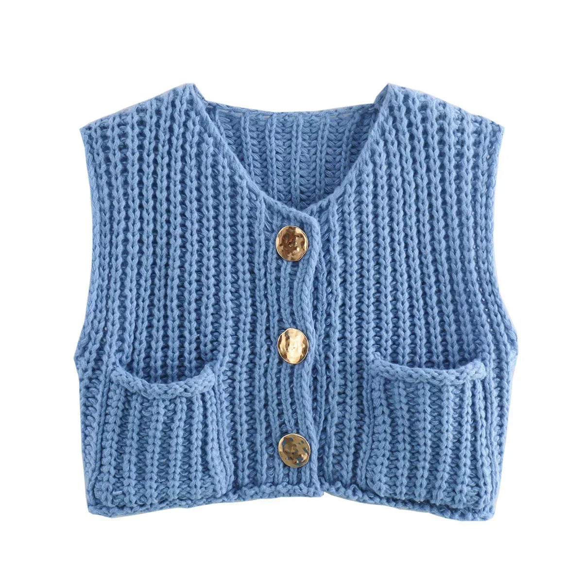 Pydshop Fashion Sleeveless Knitted Cardigan Vests For Women Autumn New Short Sweater Button With Pockets Solid Color Knitted Top