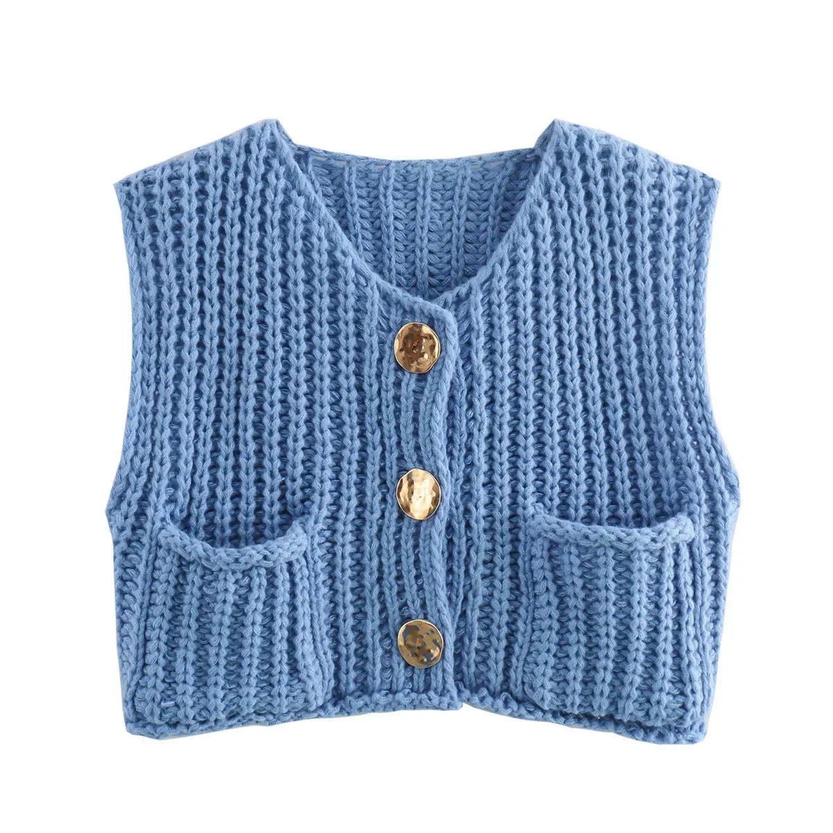 Pydshop Fashion Sleeveless Knitted Cardigan Vests For Women Autumn New Short Sweater Button With Pockets Solid Color Knitted Top