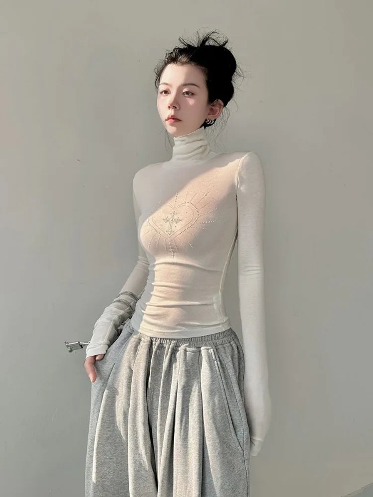 Pydshop All-match Print Diamond Slim Fit T-shirts Summer New Turtleneck Bottoming Tops Women Y2k Grunge Long Sleeve White Tee Shirt