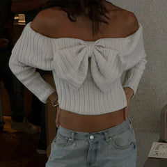 Pydshop Bows One-Shoulder Knitted Sweater For Women Sexy Navel Exposed Long Sleeve Ribbed Top Pullover Female Slim Autumn Fashion
