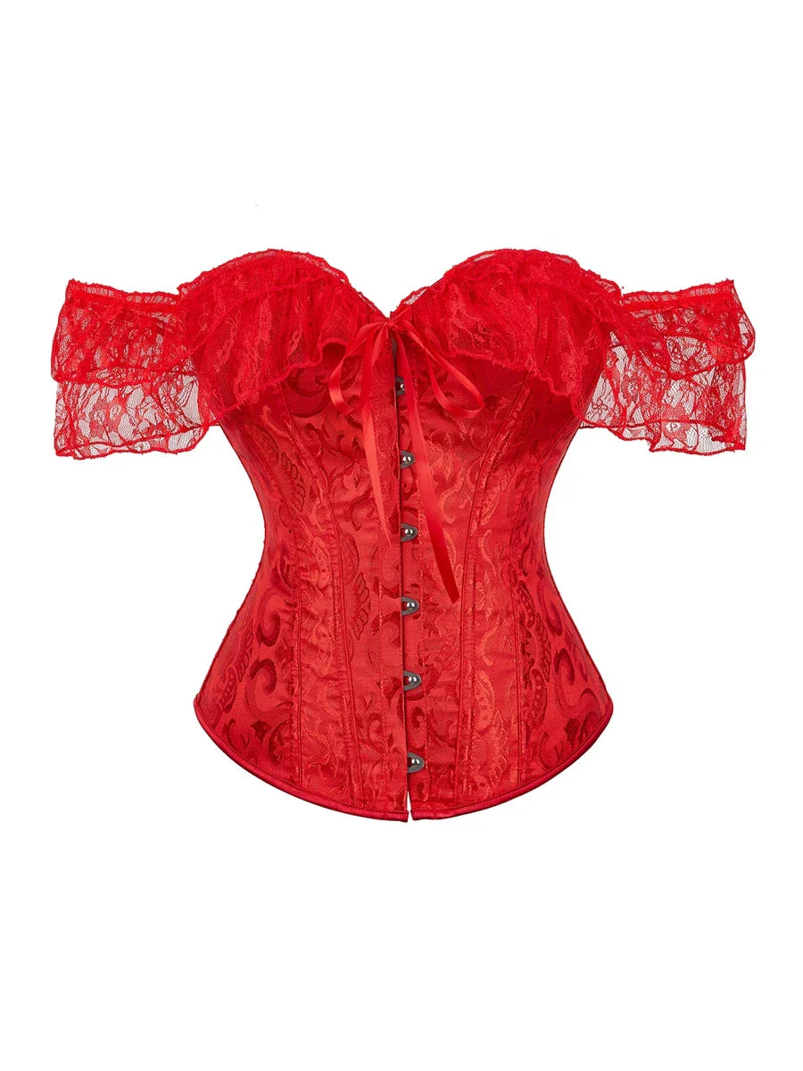 Pydshop Sexy Women Off Shoulder Corset Top with Floral Lace Sleeve Lace Up Bustier Fishbone Overbust Corset Bodyshaper Lingerie Top Y2k