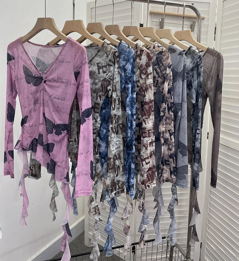 Pydshop Women's Sfumato Printed Mesh Thin Hot Girl Long Sleeve T-Shirt Irregular Ruffled Crop Top V Neck Summer Party Long Sleeve Shirt