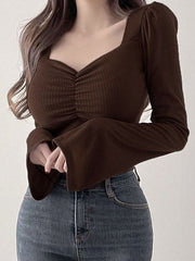 Pydshop Korean Fashion Crop Top Women Spring Summer Flare Sleeve Square Collar T-shirt Solid Color All-match Pleated Tops Tees Camisetas