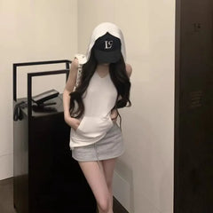 Pydshop American White Sleeveless Hooded T-shirt for Women 2024 Sumemr New  Tops Mujer Y2k Grunge Slim Fit  Tee Shirt