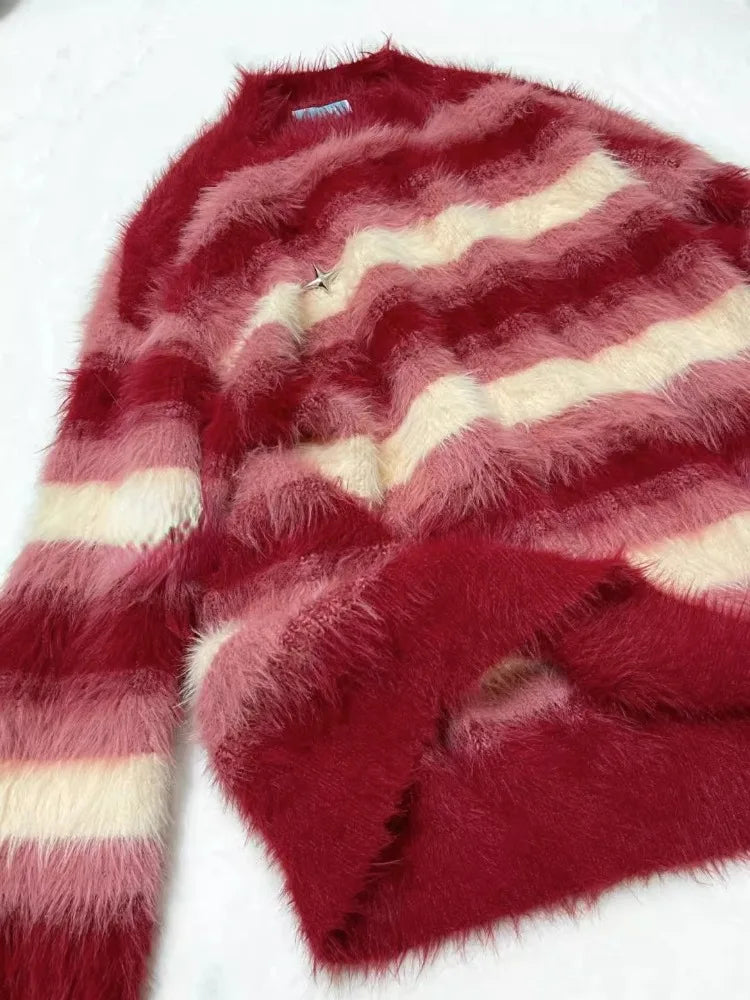 Pydshop Vintage Red Striped Gradient Mohair Lazy Sweater Autumn Winter New Knitted Pullover Y2k O-neck Long Sleeve Loose Tops Mujer