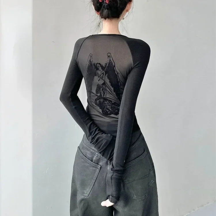 Pydshop Black Retro Angel Print T-shirt for Women 2024 Autumn Fashion Slim Fit Tee Shirt Y2k E-Girl Long Sleeve Bottoming Tops Mujer