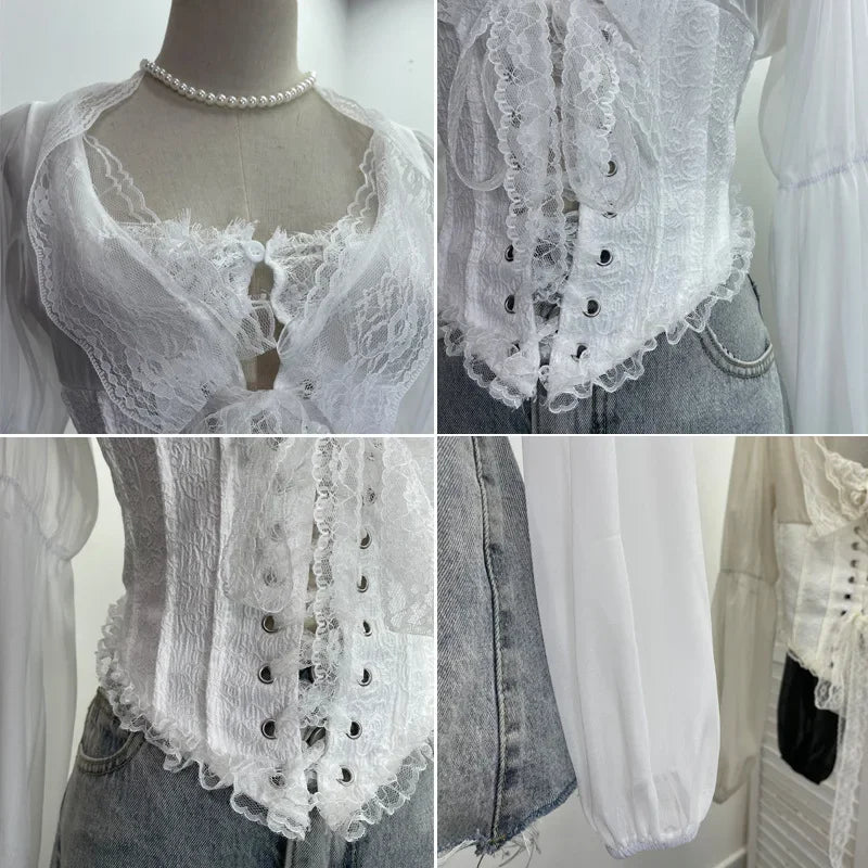 Pydshop Women Retro Lace Up Hollow Out Long Sleeve Top Sexy Slim Fitting Tie Waist Fishbone Shirt Y2K Palace Style Partyclub Streetwear