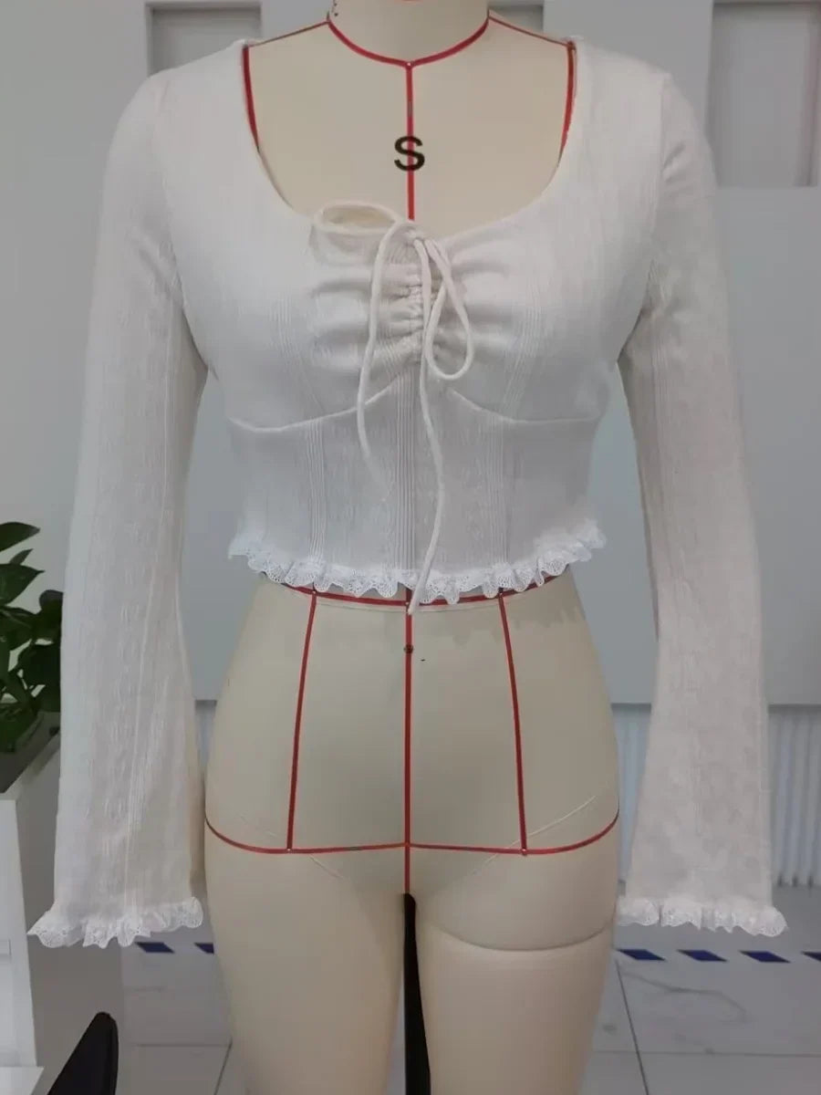 Pydshop Chic Jacquard Vintage Crop Top Autumn Long Sleeve Tee Shirts Female V Neck Tie UP Bow T shirts Y2K Lace Hem Shirts Clothing