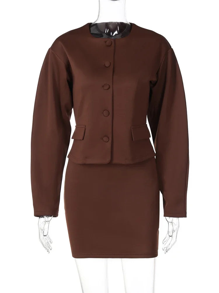Pydshop Fashion Cardigan Skirt Two Pieces Set Female Button Long Sleeve Top Slim Solid Mini Skirt Chic Matching Set Autumn Casual