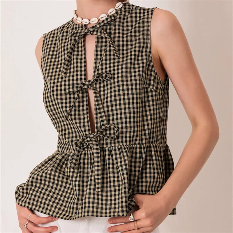 Pydshop 2000s Retro Plaids Bow Tied Front Bodydoll Tank Tops Women's Sleeveless Round Neck Ruffle Hem Vest Summer Stylish Tops