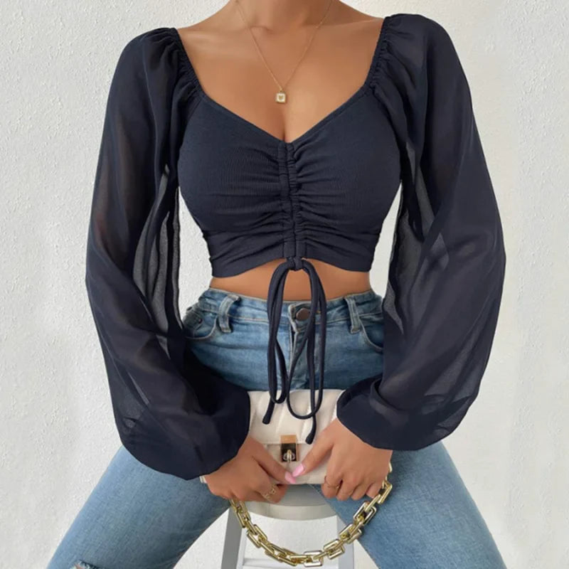 Pydshop Horetong Women's Sexy V-neck Off-Shoulder Blouses Summer Drawstring Bandage Long Sleeve Tops Ladies Korean Fashion Short Clothes