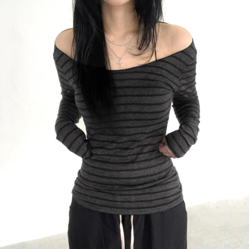 Pydshop Fairy Grunge Off Shoulder Crop Tops Striped Long Sleeve Slim Fit Tees Cyber Y2K T-shirt Women Autumn Spring Streetwear