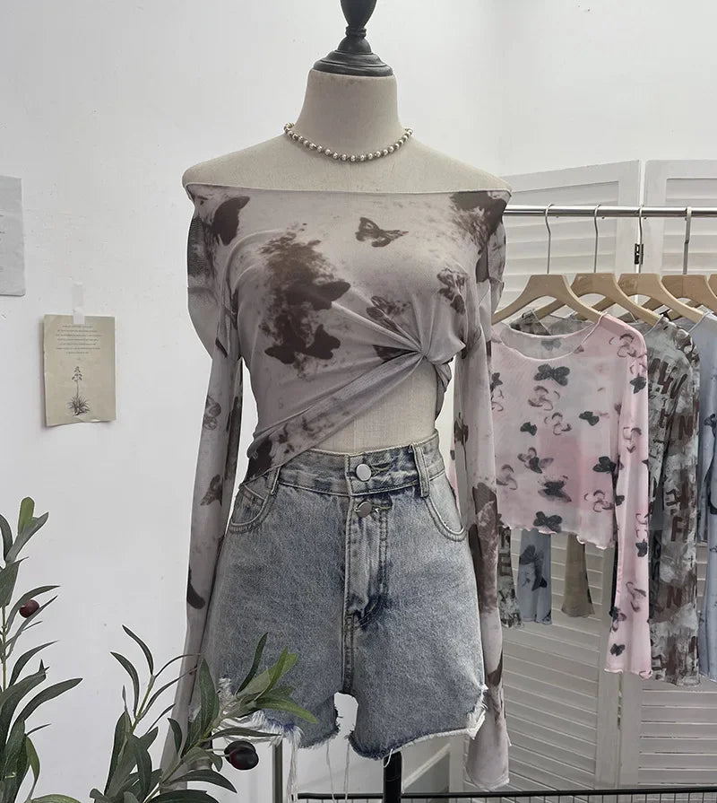 Pydshop Women's Vintage Tie Dye Print Long Sleeve T-Shirt Hot Girl Sexy See Through Mesh Bottoming Short Crop Top 2612 Party Essential