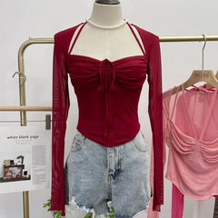 Pydshop Women Square Neck Tie Halter Mesh See Through Long Sleeve T-shirt Sexy Lce Up Slim Fit Short Slit Cuff Top PartyClub Streetwear