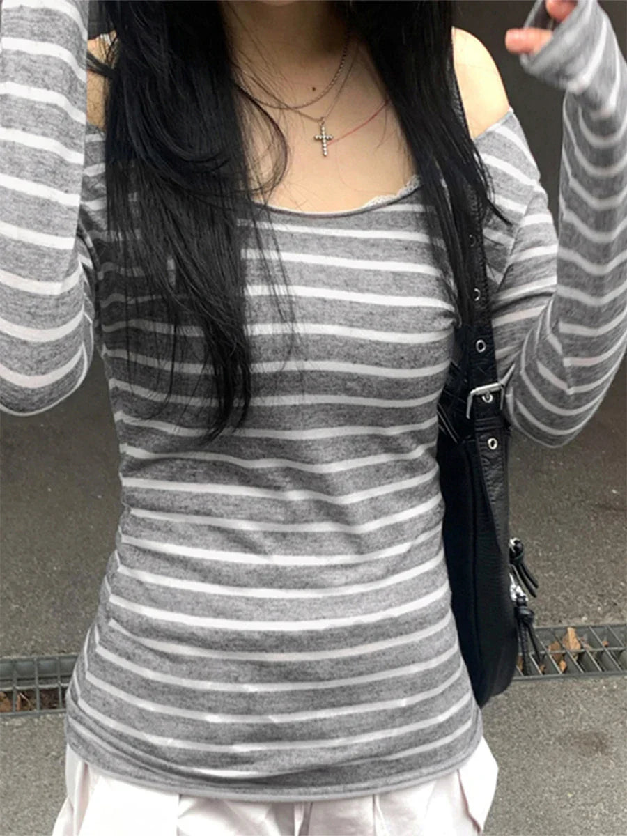 Pydshop Fairy Grunge Off Shoulder Crop Tops Striped Long Sleeve Slim Fit Tees Cyber Y2K T-shirt Women Autumn Spring Streetwear