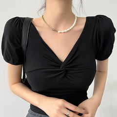 Pydshop  Sheath Puff Sleeved Crop Top Fashion Ladies Cross Kink V-neck T-shirts 2022 Summer Chic Black Slim Woman Tops