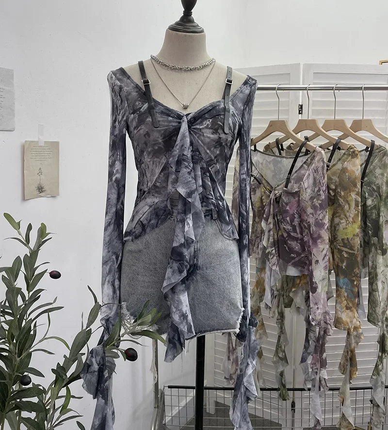 Pydshop Women's French Retro Oil Painting Tie Dye Print Irregular Ruffled Top Slim Fit Hot Girl Long Sleeve Ribbon Halter Top Streetwear