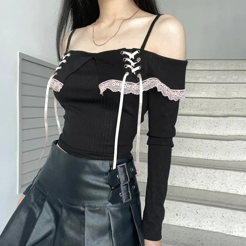 Pydshop 2024 Fashion Woman tops y2k style Gothic Lace Off Shoulder Tie Up Cropped Top