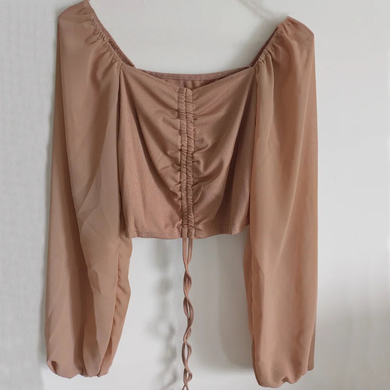 Pydshop Horetong Women's Sexy V-neck Off-Shoulder Blouses Summer Drawstring Bandage Long Sleeve Tops Ladies Korean Fashion Short Clothes