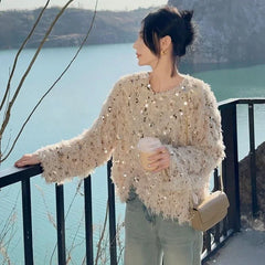 Pydshop Korean Chic Sequin Tassel Sweaters Mujer 2024 Autumn New O-neck Plush Knitted Pullover Y2k E-Girl Long Sleeve Tops Women