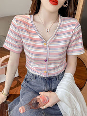 2022 Pydshop Casual Women T-Shirt Long Sleeve Korean Style Slim Basic Cotton Tshirt Striped Top Womens Clothing Spring T Shirt Femme