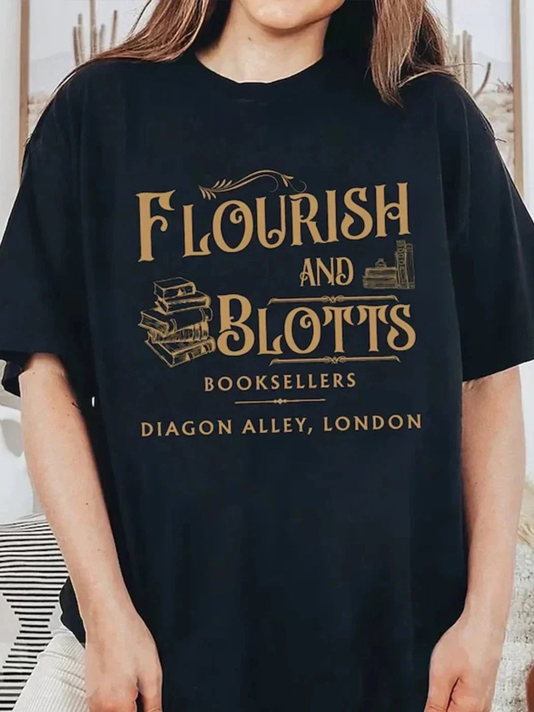 Pydshop Flourish And Blotts Tshirt 100% Cotton Washed Distressed Top Dark College T Shirt Subtle Bookish Merch Y2K Top