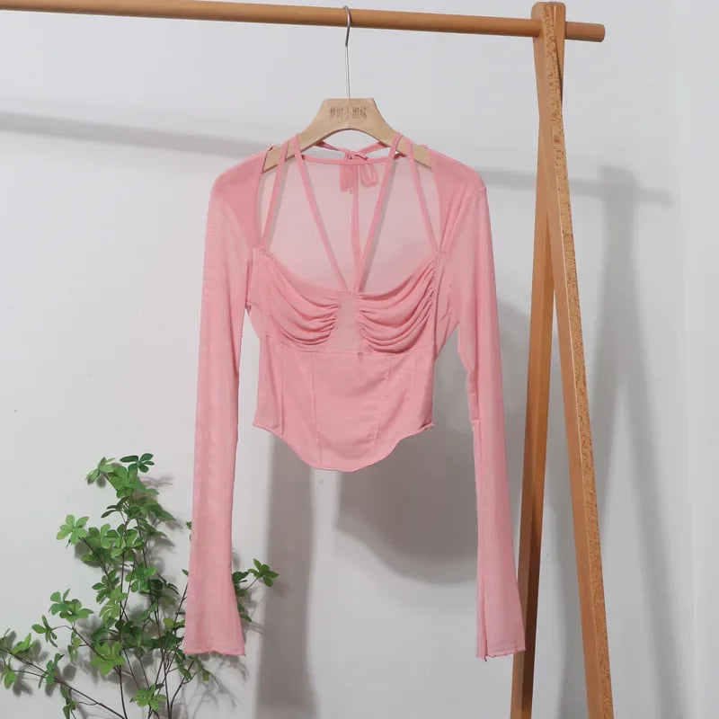 Pydshop Women Square Neck Tie Halter Mesh See Through Long Sleeve T-shirt Sexy Lce Up Slim Fit Short Slit Cuff Top PartyClub Streetwear
