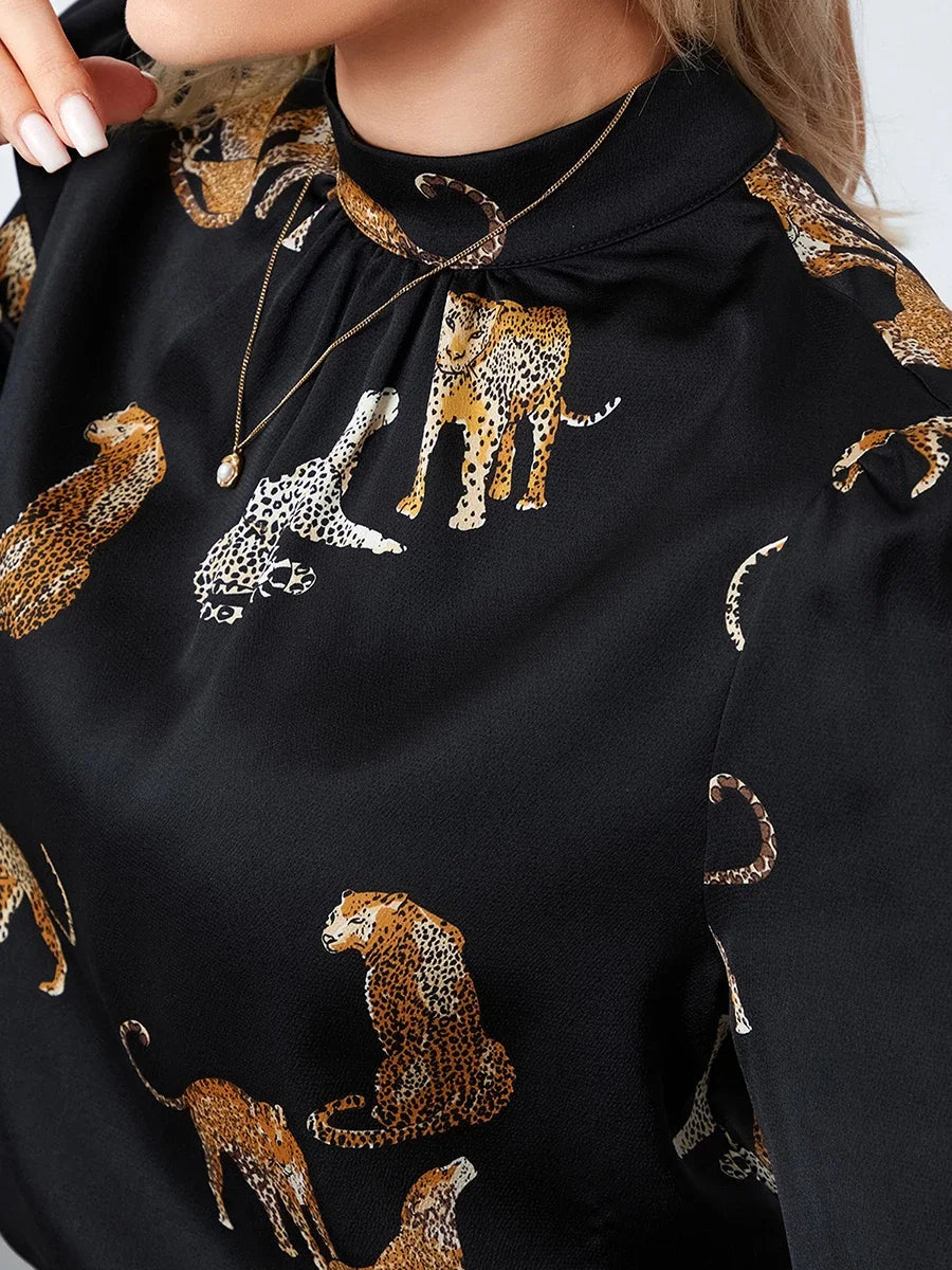 Pydshop Women's Autumn Blouses Retro Leopard Print Long Sleeve Mock Neck Pullover Tops OL Business Basic Shirts Party Clubwear