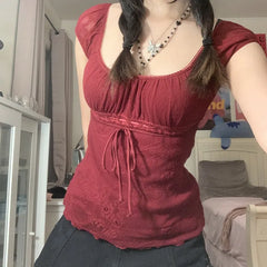 Pydshop Elegant Lady Square Collar T-shirt Kawaii Bow Short Sleeve Pullovers Tees Y2K Vintage Fairy Grunge Women Crop Top Retro Clothes