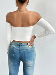 Pydshop Off Shoulder Crop T-Shirt, Casual Long Sleeve Top For Spring & Fall, Women's Clothing