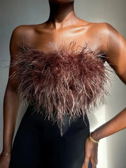 Pydshop Fur Feather Strapless Bustier Fluffy Corset Tube Top