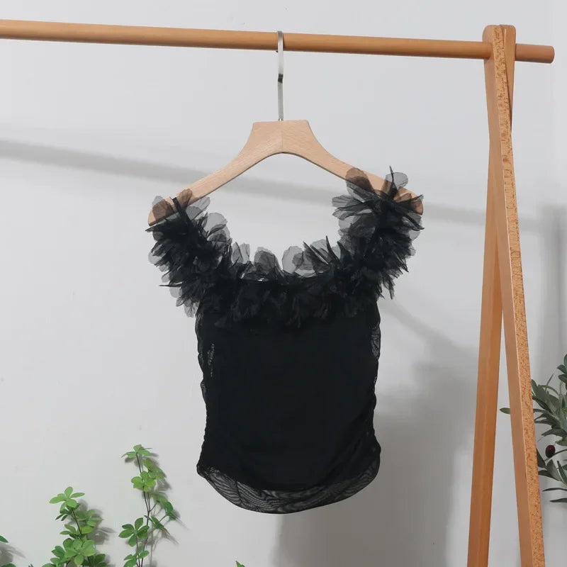 Pydshop Women's Retro Three Dimensional Floral One Shoulder Camisole Tube Top Sexy Pleated Mesh Short Slim Fit Sleeveless Top Outfits