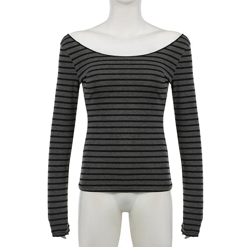 Pydshop Fairy Grunge Off Shoulder Crop Tops Striped Long Sleeve Slim Fit Tees Cyber Y2K T-shirt Women Autumn Spring Streetwear